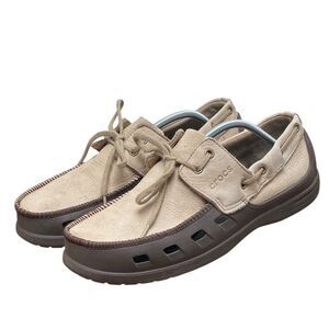 Crocs Cove Boat Shoes Loafers Beige Brown Leather Men’s Size 11 (HF16)